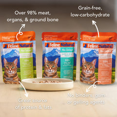 Feline Natural 12-pack display with assorted 3oz pouches for easy feeding.