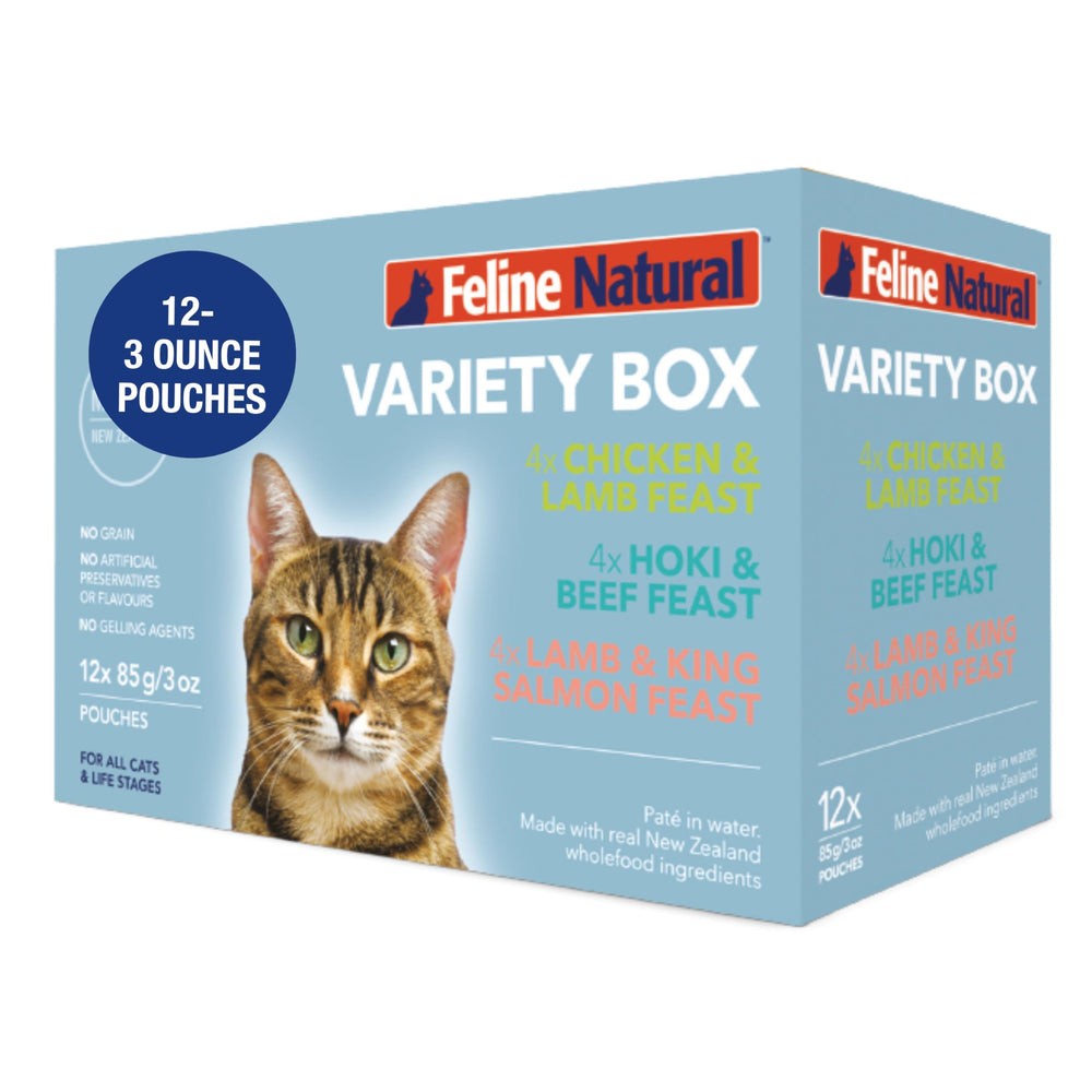 Feline Natural Wet Cat Food Variety Pack front label shows NZ-made, grain-free nutrition.