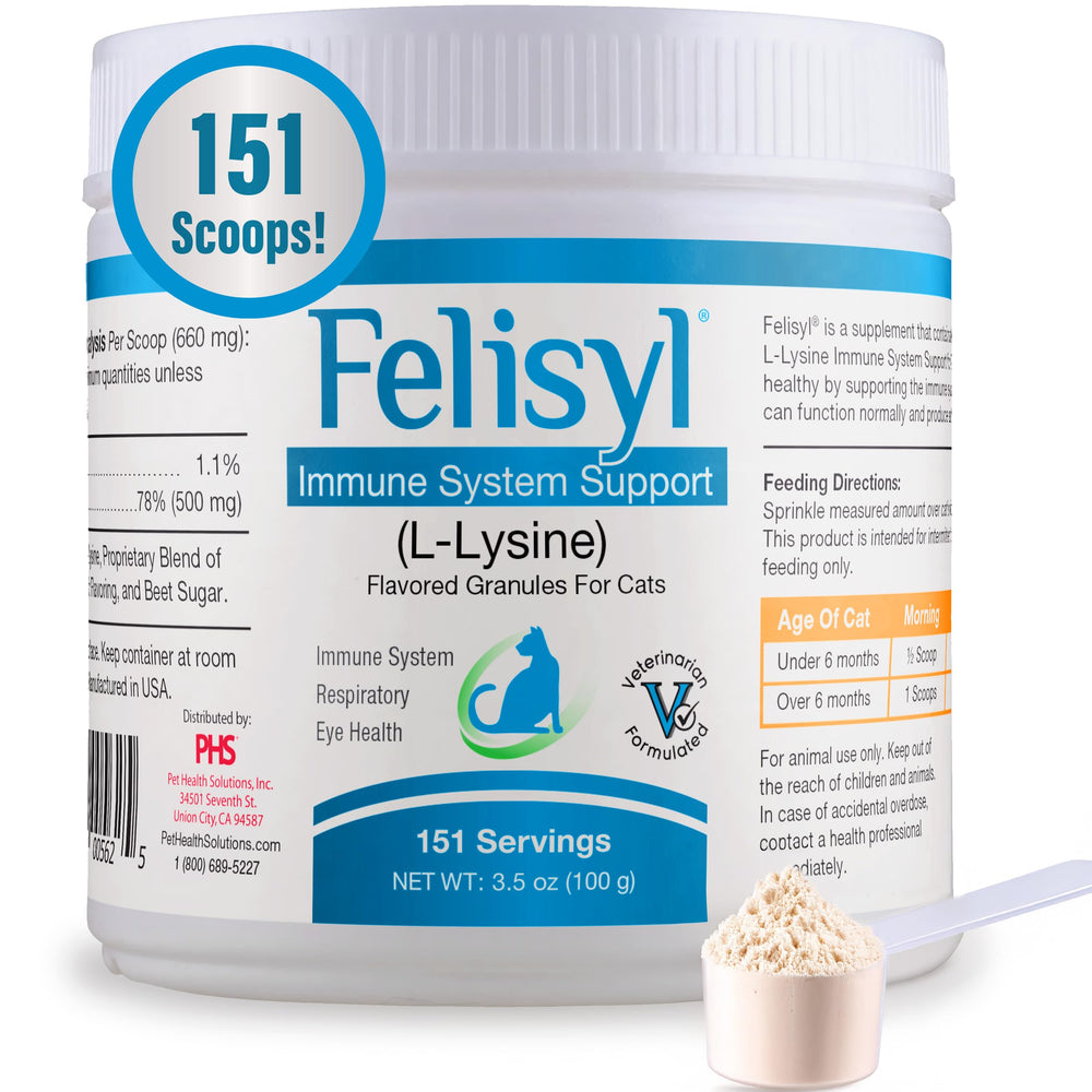 Pet Health Solutions Felisyl L-Lysine Granules cat bottle for convenient daily immune support