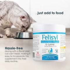 Pet Health Solutions Felisyl L-Lysine Granules jar label closeup with product details