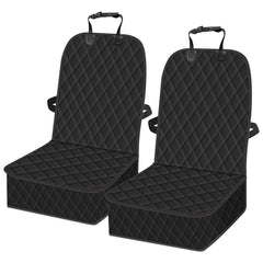 Femuar dog front-seat-cover with waterproof backing protects seats from mud during road trips.