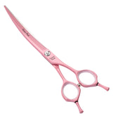Fenice Peak curved dog grooming scissors with pink coating for precise curved cuts.