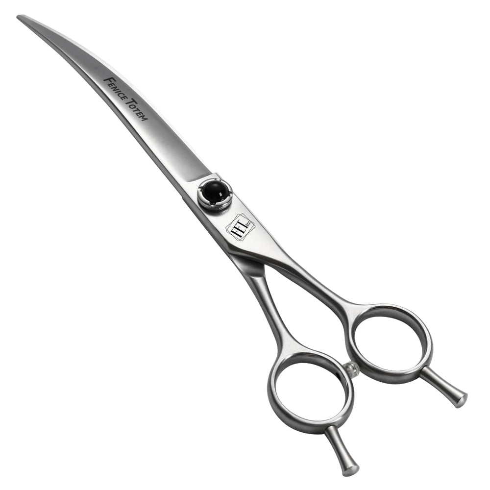 Fenice Totem dog grooming scissors curved blade ready for precise trims.