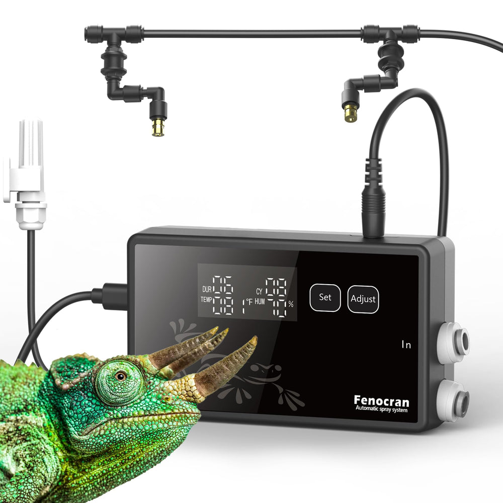 Fenocran automatic reptile mister system front view for compact terrarium setup.