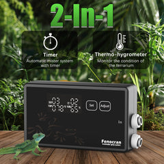 Fenocran misting nozzles adjusted to produce rain-like mist for tropical habitats.