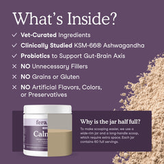 Fera Pets Calming ashwagandha-ksm66 section emphasizes resilience ingredients.