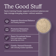 Fera Pets Calming probiotics label highlights gut-brain mood balance.
