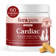 Fera Pets Cardiac Support bottle label highlighting a trusted heart supplement for pets