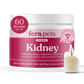 Fera Pets cat kidney support powder bottle demonstrates easy daily kidney health support in kibble.