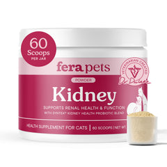 Fera Pets cat kidney support powder bottle demonstrates easy daily kidney health support in kibble.