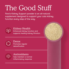 Fera Pets kidney support powder scoop shows convenient dosing to boost detox and kidney function.