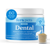Fera Pets dental powder tub ready for easy brushing-free pet oral care.