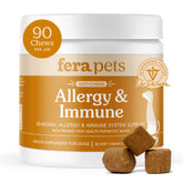 Fera Pets Dog Allergy Chews bottle front shows convenient daily supplement for itchy skin relief