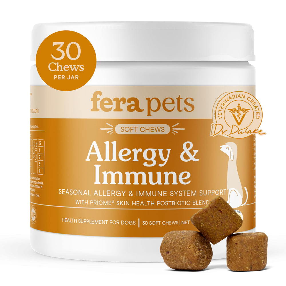 Fera Pets dog allergy immunity soft chews bottle demonstrates at-home immune support potential.