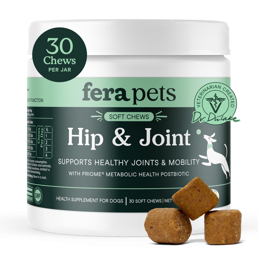 Fera Pets Hip & Joint Soft Chews packaging promotes mobility with vet-formulated care.