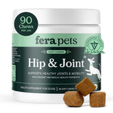 Fera Pets hip joint supplement bottle promoting mobility and comfort for dogs.