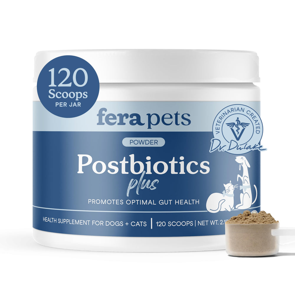 Fera Pets Postbiotics Plus Prebiotics bottle highlights gut health support for pets.