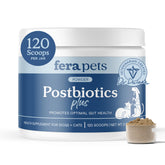 Fera Pets Postbiotics Plus Prebiotics bottle highlights gut health support for pets.