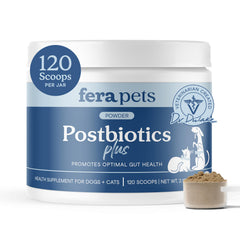 Fera Pets Postbiotics Plus Prebiotics bottle highlights gut health support for pets.