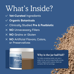 Fera Pets Postbiotics Plus Prebiotics used as a food topper for gentle digestion.