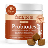 Fera Pets Probiotics dog chews bottle shows packaging for on-the-go gut support.