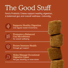 Fera Pets Probiotics dog chews closeup emphasizes texture and palatability for easier feed-through.