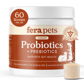Fera Pets Probiotics tub label closeup showing USDA organic status for gut health.