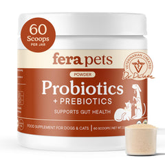 Fera Pets Probiotics tub label closeup showing USDA organic status for gut health.