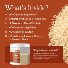 Fera Pets Probiotics organic-label closeup emphasizes no fillers or dyes.