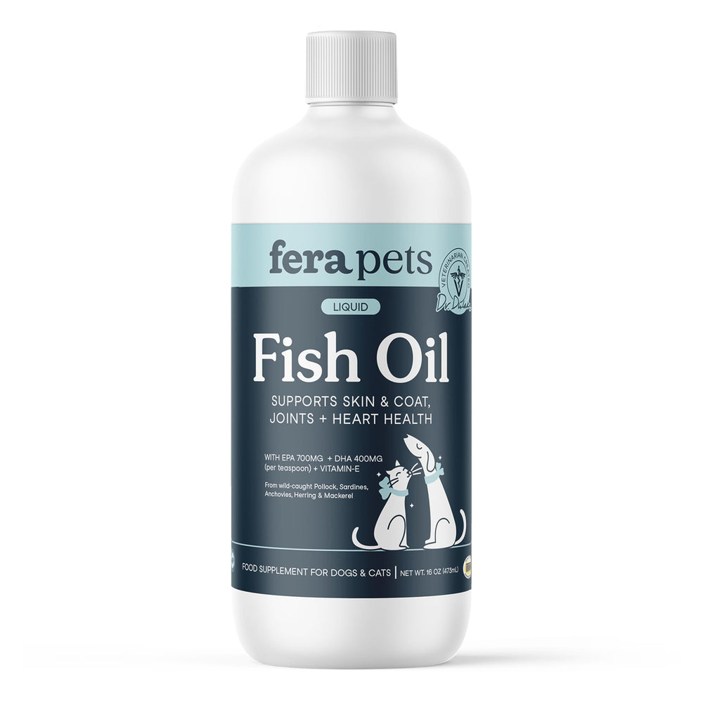 Fera Pets Fish Oil 16oz bottle closeup for coat health and easy dosing
