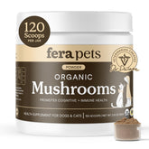 Fera Pets mushroom supplement bottle shows support for immune and cognitive function.