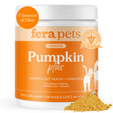 Fera Pets Pumpkin Plus packaging highlights organic fiber for digestive balance.