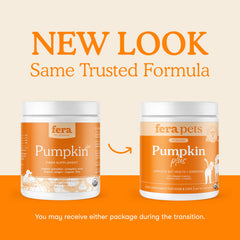 Fera Pets Pumpkin Plus powder with scoop demonstrates easy feeding topping.