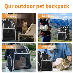 FERMAO Cat Backpack Carrier mesh ventilation highlights breathable comfort during outdoor adventures.