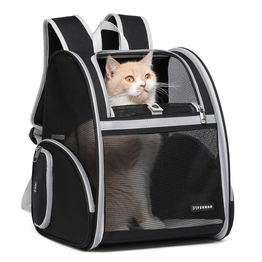 FERMAO Cat Backpack Carrier side view for hands-free pet travel and visibility.