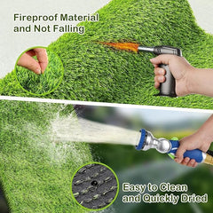 FezepYmaz indoor-outdoor grass mat with drainage holes for quick dry after play.