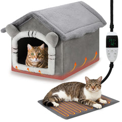 FHTONGE heated cat bed house with timer control for tailored warmth and comfort.