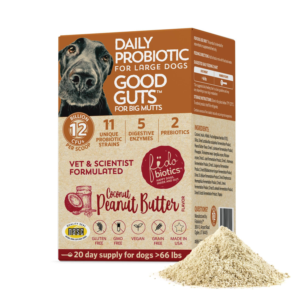 Fidobiotics Good Guts for Big Mutts bottle promotes canine gut health and daily probiotics.