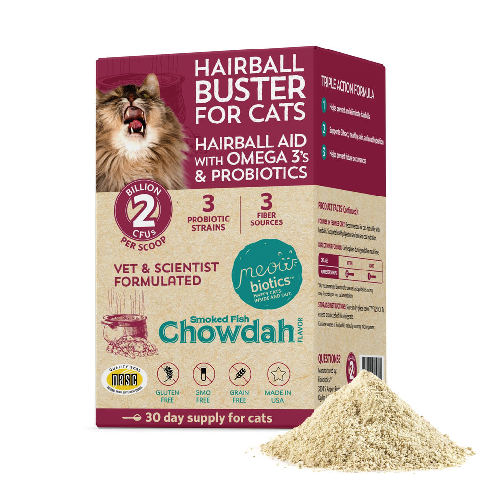 Fidobiotics Meowbiotics Hairball Buster tub with probiotic powder for hairball management.