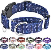 Fidohug martingale collar deep blue shark closeup buckle ensures secure fit during walks.