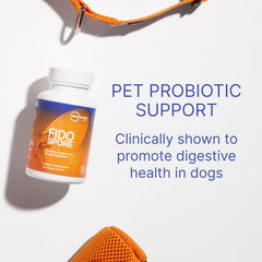 Fidospore bottle label highlighting daily pet probiotic routine.