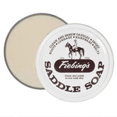 Fiebing's Saddle Soap 12oz white can ready to lift dirt while preserving leather.
