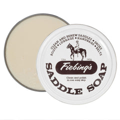 Fiebing's Saddle Soap 12oz white can ready to lift dirt while preserving leather.