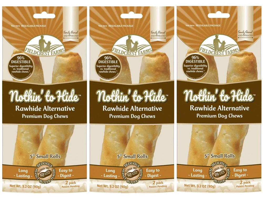 Fieldcrest Farms Nothing to Hide peanut butter 5-inch rolls for dogs aiding chew satisfaction.