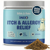 Fifth & Fido Better Than Dog Allergy Chews jar label highlights natural ingredients for itchy skin relief