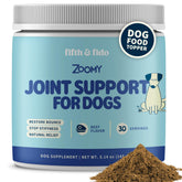 Fifth & Fido joint supplement bottle pouring supports dog mobility during daily activities.
