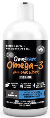 Finest For Pets Omegease 32oz bottle highlighting wild-caught omega-3 for joints