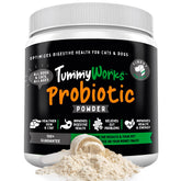 Finest For Pets TummyWorks Probiotic Powder bottle closeup supports digestive health for dogs and cats.
