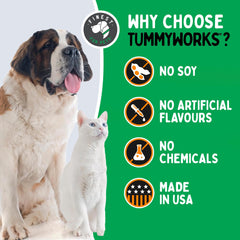 Finest For Pets TummyWorks Probiotic Powder being sprinkled into a dog's bowl for daily gut health.