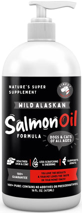 Finest For Pets wild Alaskan salmon oil bottle highlighting omega-3 for healthy skin and coat.